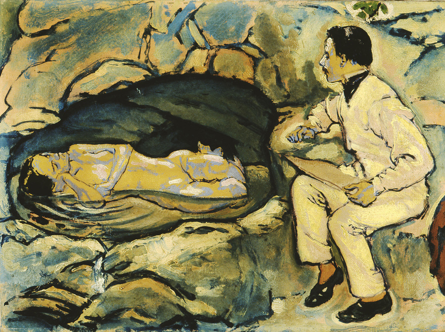 Koloman Moser, Selbstbildnis, zeichnend mit Meerjungfrau in der Felsengrotte, 1914, Schütz Fine Art, Wien