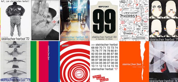 Plakate aus 50 Jahren steirischer herbst © Günter Waldorf, herms FRITZ, Fotogruppe Puchwerke mit Gruppe pool (Haberl, Kriesche, Neubacher), Peter Philipp, Lies Verheyen, Karl Neubacher, Andreas Siekmann, Arnulf Rainer, Ecke Bonk, Willy Puchner (Pinguin-Design © anaplus), Horst Gerhard Haberl, Jörg Schlick, Michael Schuster, buero8, Atelier Neubacher