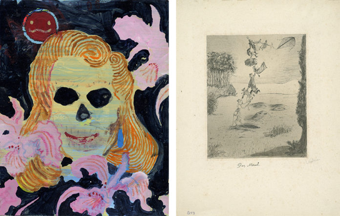 li. ATAK (Georg Barber), Daily Painting, 11.8.2008, Mischtechnik auf Papier © ATAK, re. Alfred Kubin, Das Maul, um 1900, Tusche laviert auf Katasterpapier, Grafische Sammlung der Landesgalerie Linz © Eberhard Spangenberg, München / Bildrecht, Wien 2018