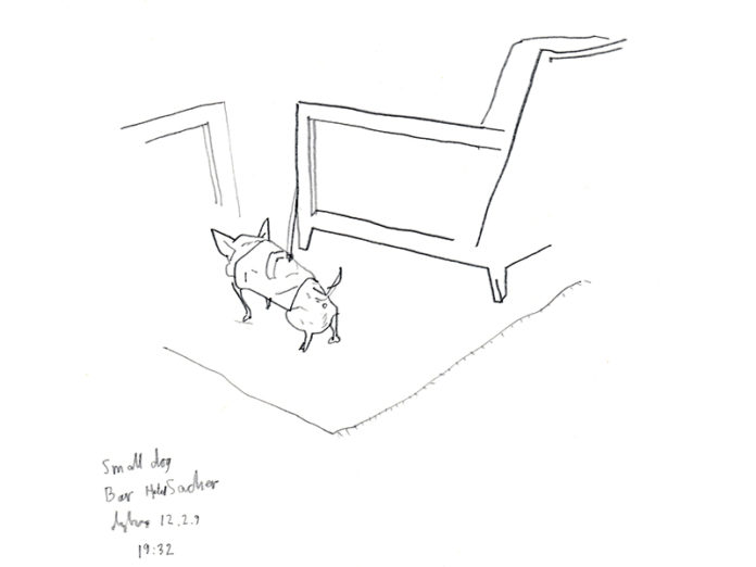 Per Dybvig, Small Dog Bar Hotel Sacher 12.2.19, 2019, Bleistift auf Papier, ca. 21 x 29,7 cm, courtesy of the artist & Christine König Galerie & Galleri Opdahl