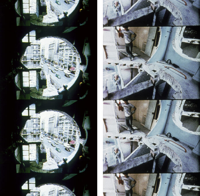 (c) Gordon Matta-Clark, Conical Intersect, 1975, Film, 16mm (Farbe, stumm), 18 min 40 sec, Auflage 1/10, Filmstill, Sammlung Generali Foundation – Dauerleihgabe am Museum der Moderne Salzburg / Bildrecht, Wien 2021, Foto: Werner Kaligofsky