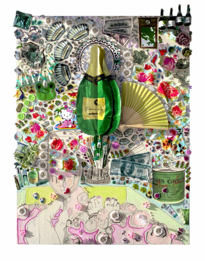 (c) Gretchen Andrew, Map of the EU (Paris), Champagne balloon, iron on Paris metro signs, wise men stickers and charcoal on canvas, 101,6 x 76,2 cm Foto: Courtesy of the artist, Annka Kultys Gallery