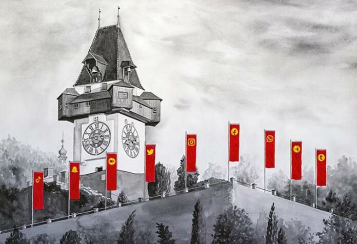 Digital Dictatorship: Art installation by Zara Alexandrova & Zoran Georgiev, which makes the true dictatorships of the 21st century visible as part of the Elevate Festival 2021. © Institute for Public Art Styria