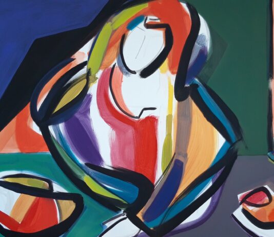 DER LAUF DES LEBENS – Antonia Riederer, Marie Ruprecht & Ines Agostinelli / KUNSTSALON, Campus Väre, Dornbirn, Vorarlberg Antonia Riederer, BEI TISCH, Acrylfarbe auf Leinwand, 2019 ,Foto: © Antonia Riederer