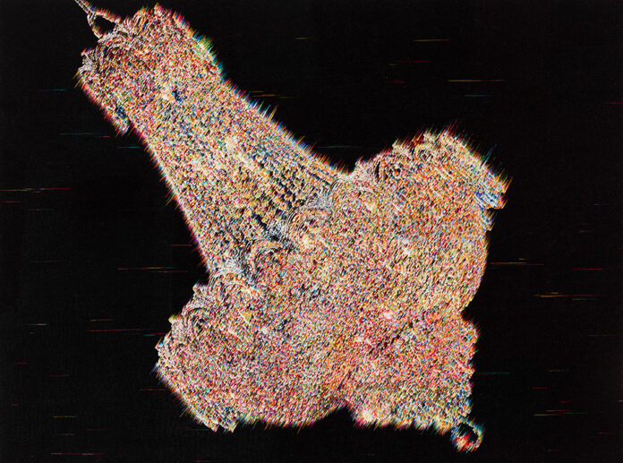 © Kyungah Ham, What you see is the unseen Chandeliers for Five Cities SK 02-01 North Korean hand embroidery, silk threads on cotton, middle man, smuggling, bribe, tension, anxiety, censorship, ideology, wooden frame approx. 1800hrs 1person, 2017 -2018, 137 x 183 cm