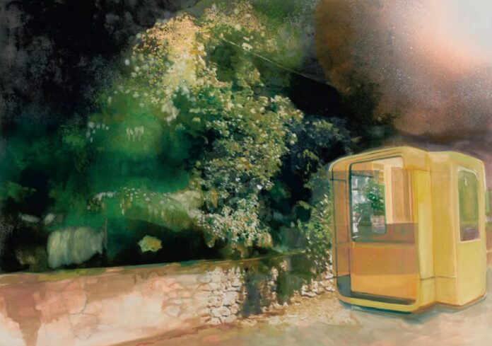 © Moni K. Huber der gelbe Kiosk, Gouache auf Leinwand, 2019, 140 × 190 cm