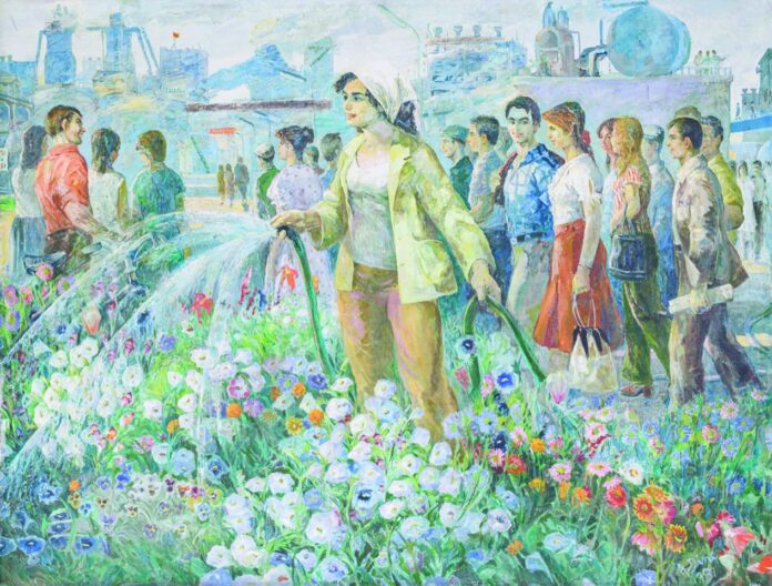 Agron Dine, Vaditja e Luleve, (Watering Flowers), 1981. Oil Painting, 240x180 cm. Courtesy of Pallati i Kulturës (Palace of Culture), Tirana, Albania. Photo © Zeni Alia.