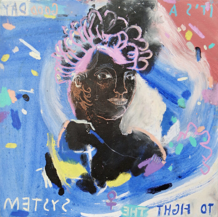 © Käthe Schönle, A good day to fight the system, 2025, Öl, Acryl, Pastell auf Leinwandplatte 40 x 40 cm