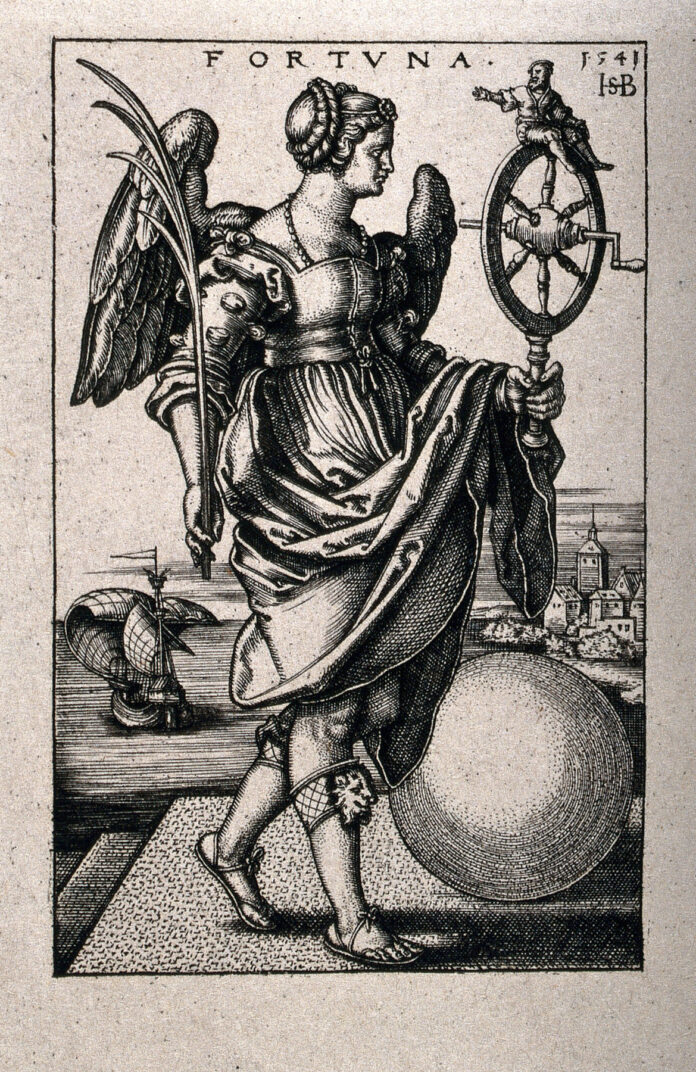 Bild: Allegorie der Fortuna: Geflügelte Frau mit Palmzweig und Spinnrad, Globus und Schiff im Hintergrund. Heliogravüre nach S. Beham, 1541. Wellcome Collection.